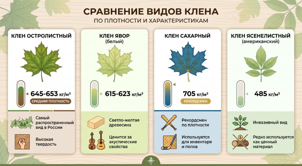 Инфографика: подробное сравнение основных видов клена (остролистный, явор, сахарный, ясенелистный) по плотности древесины, форме листьев и сферам применения
